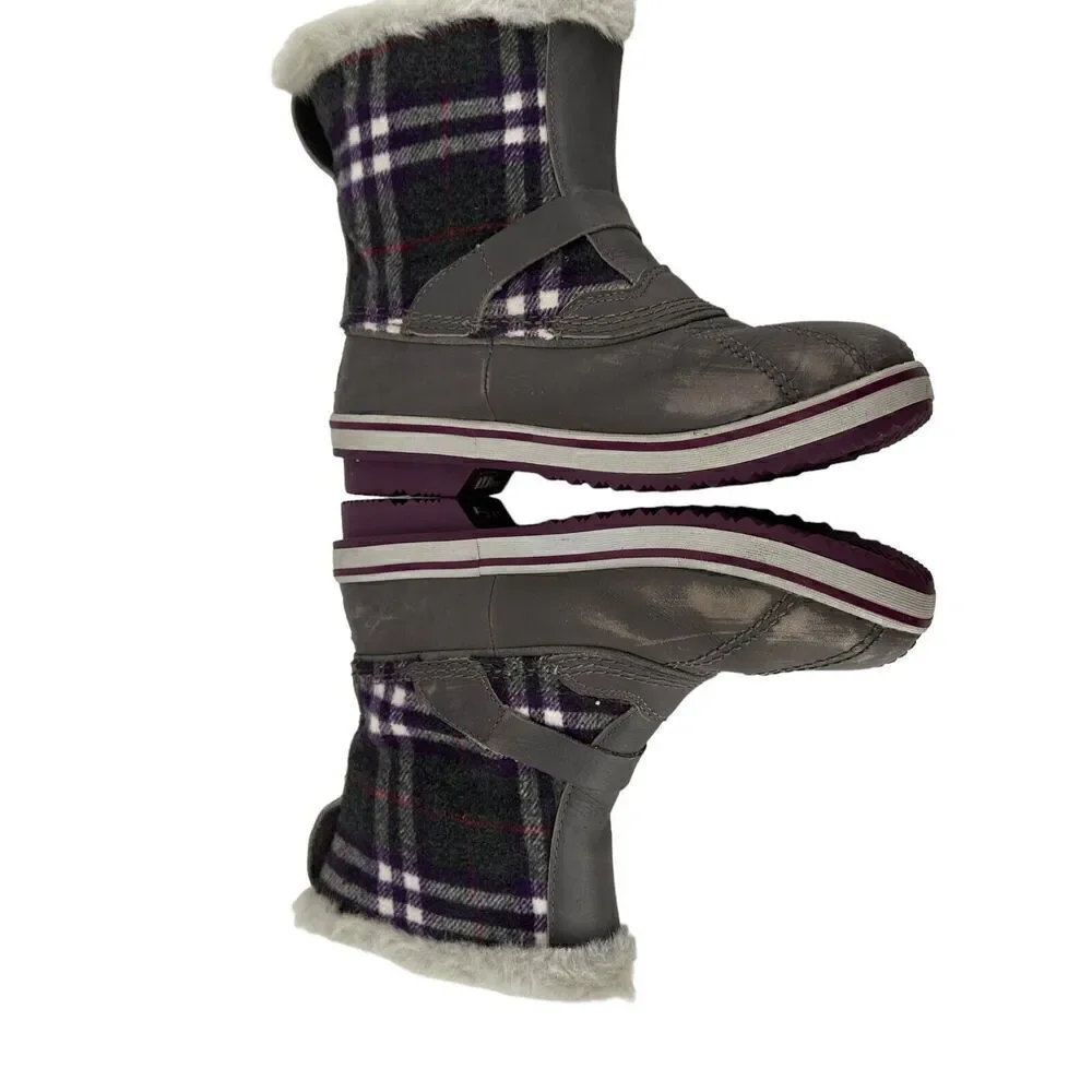 LL Bean Winter Boots Size 7 Purple Gray Plaid Primaloft 200 Gram Waterproof